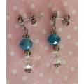 Earrings, Turquoise+Clear Crystal Beads, Nickel Findings, Ear Studs, 33mm
