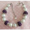 Bracelet, White Glass Pearls+Purple Lava Beads+Rondals+R, Nickel Findings, Lobster Clasp, 18.5cm+5cm