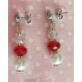Earrings, Clear+Red Crystal Beads+White Glass Pearls, Nickel Findings+Ear Studs, 33mm, 2pc