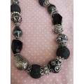 Necklace, Black Lava Beads+Shell Pearls+Egyptian Beads, Nickel Findings, Lobster Clasp, 46cm+5cm