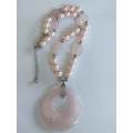Necklace, Pink Glass Pearls+Pink Rose Quartz Beads, R/Q Pen,Nickel Findings, Lobster Clasp, 48cm+5cm