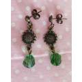 Earrings, Green Crystal Beads, Bronze Findings And Ear Studs, 32mm