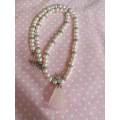 Necklace, Pink Glass Pearls+Pink Rose Quartz Pendant, Nickel Findings, Toggle Clasp, 46cm