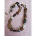 Necklace, Beige+Brown Glass Pearls+Brown Semi-Precious Bead Nickel Findings, Lobster Clasp, 48cm+5cm