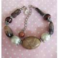 Bracelet, Beige+Br Glass Pearl+Brown Semi-Precious Beads, Nickel Findings, Lobster Clasp, 19cm + 5cm