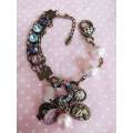 Bracelet, Pink Glass Pearls+Blue+Purple Rhinestones, Bronze Findings, Lobster Clasp, 19cm + 5cm, 1pc