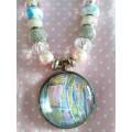 Mistique Necklace, Blue+Pink Pendant With Pandora Style Beads On Pink Leather, 44cm, 1pc