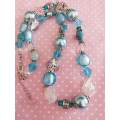 Necklace, Turquoise Glass Pearls+Turquoise Indian Beads+Tu, Nickel Findings, Lobster Clasp, 52cm+5cm