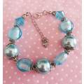 Bracelet, Turquoise Glass Pearls+Foil Beads, Nickel Findings, Lobster Clasp, 19cm+5cm