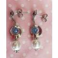Earrings, White Glass Pearls+Blue Swarovski Crystal Beads, Nickel Findings+Ear Studs, 32mm, 2pc