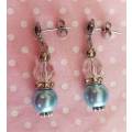 Earrings, Blue Glass Pearls+Clear Crystal Beads+Rondals+Clear , Nickel Findings+Ear Studs, 34mm, 2pc