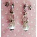 Earrings, White Glass Pearls+Clear Crystal Beads+Rondals+Clear, Nickel Findings+Ear Studs, 34mm, 2pc