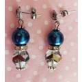 Earrings, Royal Blue Glass Pearls+Clear Crystal Beads+Rondals+, Nickel Findings+Ear Studs, 35mm, 2pc