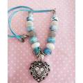 Necklace, Blue+White Pandora Style Beads+Heart Pendant+Blue Leather, Toggle Clasp, 49cm