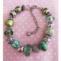 Bracelet, Green Pandora Style Beads, Nickel Findings, Lobster Clasp, 20cm+5cm, 1pc