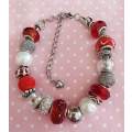 Bracelet, Red+White Pandora Style Beads, Nickel Findings, Lobster Clasp, 20cm+5cm, 1pc