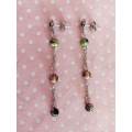 Earrings, Green+Pink+Black Cloisonne Beads, Nickel Findings And Ear Studs 54mm, 2pc