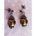 Earrings, Dark Brown Glass Pearls, Bronze Findings+Ear Studs, 25mm, 2pc