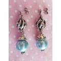 Earrings, Blue Glass Pearls, Nickel Findings+Ear Studs, 41mm, 2pc