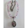 Crystal Necklace, Pink+Clear Crystal Beads+Locket+Clear Rhinestones+Charms, Toggle Clasp, 46cm, 1pc