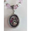 Crystal Necklace, Pink+Clear Crystal Beads+Locket+Clear Rhinestones+Charms, Toggle Clasp, 46cm, 1pc