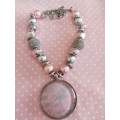 Necklace, Pink+Grey Pandora Style Beads+Rope Chain+Pendant, Lobster Clasp, 42cm+5cm