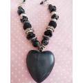 Necklace, Black Pandora Style Beads+Chain+Black Leather+Heart Pendant, Lobster Clasp, 46cm+5cm