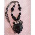 Necklace, Black Beads+Heart Pendant, Pewter Chain At The Back, Lobster Clasp, 46cm+5cm