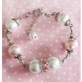 Bracelet, White+Pink Glass Pearls+Rondals+Pink Rhineston, Nickel Findings, Lobster Clasp, 19.5cm+5cm
