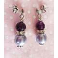Earrings, Purple Glass Pearl+Purple Amethyst Beads+Rondals+Cle, Nickel Findings+Ear Studs, 32mm, 2pc