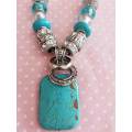 Clear+Turquoise Pandora Style Beads+Chain+Pendant, Nickel Findings, Lobster Clasp, 42cm+5cm, 1pc