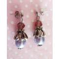 Earrings, Purple Glass Pearl With Purple Crystal Beads, Nickel Ear Studs And Findings, 31mm, 2pc