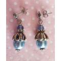 Earrings, Blue Glass Pearl With Blue Crystal Beads, Nickel Ear Studs And Findings, 31mm, 2pc