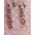 Earrings, Champagne Coloured Crystal Cubes, Nickel Findings+Ear Studs, 32mm, 2pc