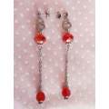 Earrings, Red Crystal Beads, Nickel Findings+Ear Studs, 75mm, 2pc
