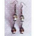 Earrings, Brown Glass Pearls, Copper Findings And Ear Hooks, 76mm, 2pc