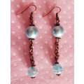 Earrings, Blue Glass Pearls With Blue Millefiori Beads, Copper Findings And Ear Hooks, 70mm, 2pc