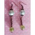 Earrings, Green Glass Pearls With Green Indian Beads, Copper Findings And Ear Hooks, 72mm, 2pc