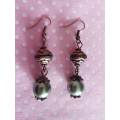 Earrings, Green Glass Pearls With Indian Metal Beads, Copper Findings And Ear Hooks, 55mm, 2pc