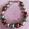 Bracelet, Brown+Green Glass Pearls, Copper Findings, Lobster Clasp, 20cm