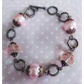 Bracelet, Pink Glass Pearls+Pink Crystal Beads, Copper Findings, Toggle Clasp, 20.5cm
