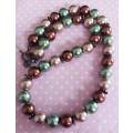 Necklace, Green+Brown Glass Pearls, Copper Findings, Toggle Clasp, 48cm