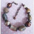 Bracelet, Shades Of Brown Semi-Precious BeadGlass Pearls, Copper Findings, Lobster Clasp, 19cm + 4cm