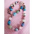Necklace, Pink+Blue+Green Semi-Precious Beads+Glass Pearls+Foil+Millefiori+Porce, Toggle Clasp, 50cm