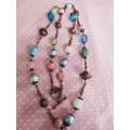Necklace, Pink+Blue+Green Glass Pearls+Semi-Precious+Porcelain+Indian Beads+Copp, Toggle Clasp, 84cm