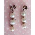 Earrings, White Freshwater Pearls, Bronze Findings And Ear Studs, 40mm, 2pc