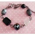 Bracelet, Shades Of Black Semi-Precious+Crystal Beads, Black Nickel Findings, 20.5cm + 7cm Chain