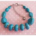 Bracelet, Turquoise Semi-Precious Beads+Rondals+Clear R, Nickel Findings+Lobster Clasp, 18.5cm + 5cm