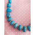 Turquoise Semi-Precious Beads+Rondals+Clear Rhinestones, Nickel Findings, Lobster Clasp, 48cm+5cm