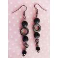 Earrings, Black Lava And Black Crystal Beads, Black Nickel Findings+Ear Hooks, 68mm